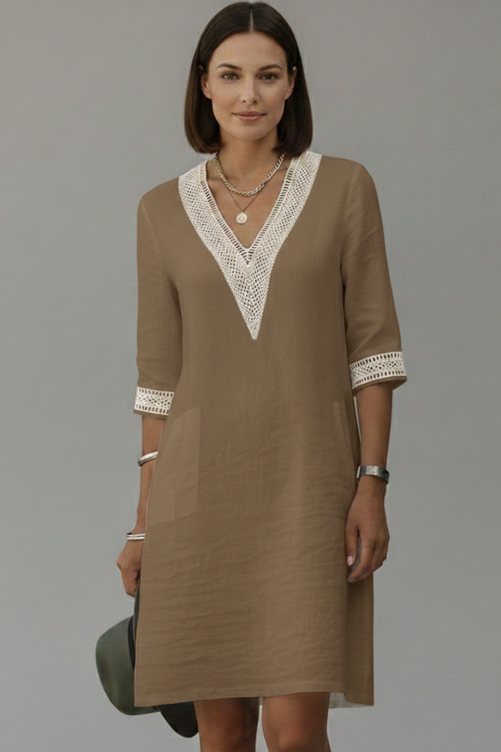 Women’s Dress with V Neckline and Three-Quarter Sleeves