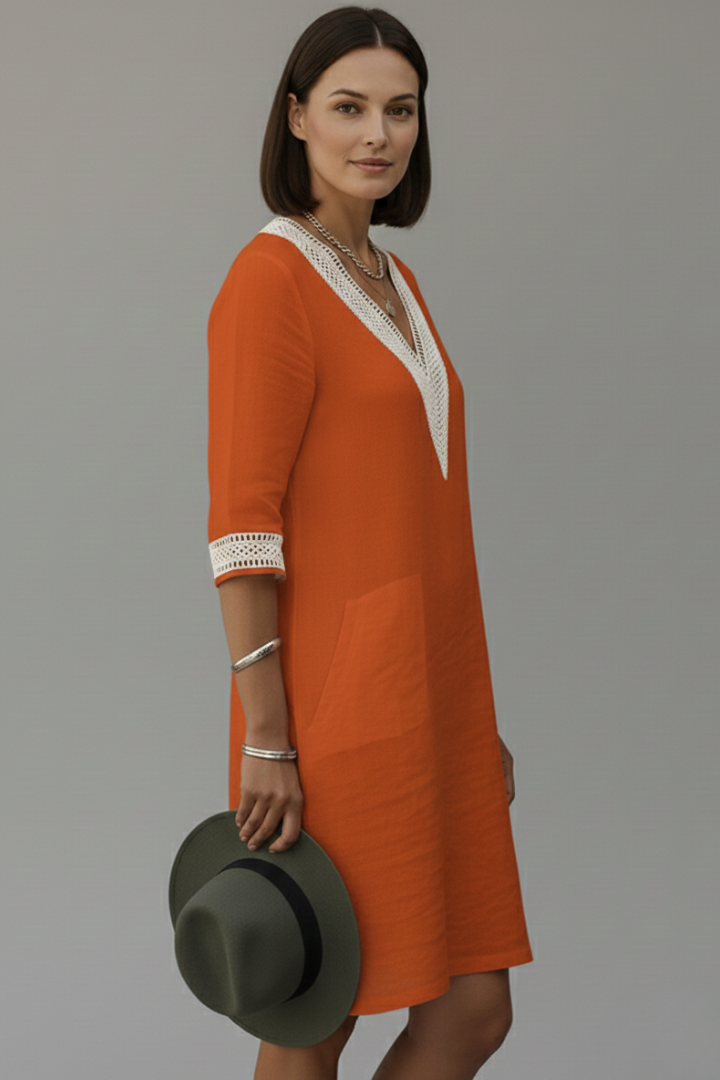 Women’s Dress with V Neckline and Three-Quarter Sleeves