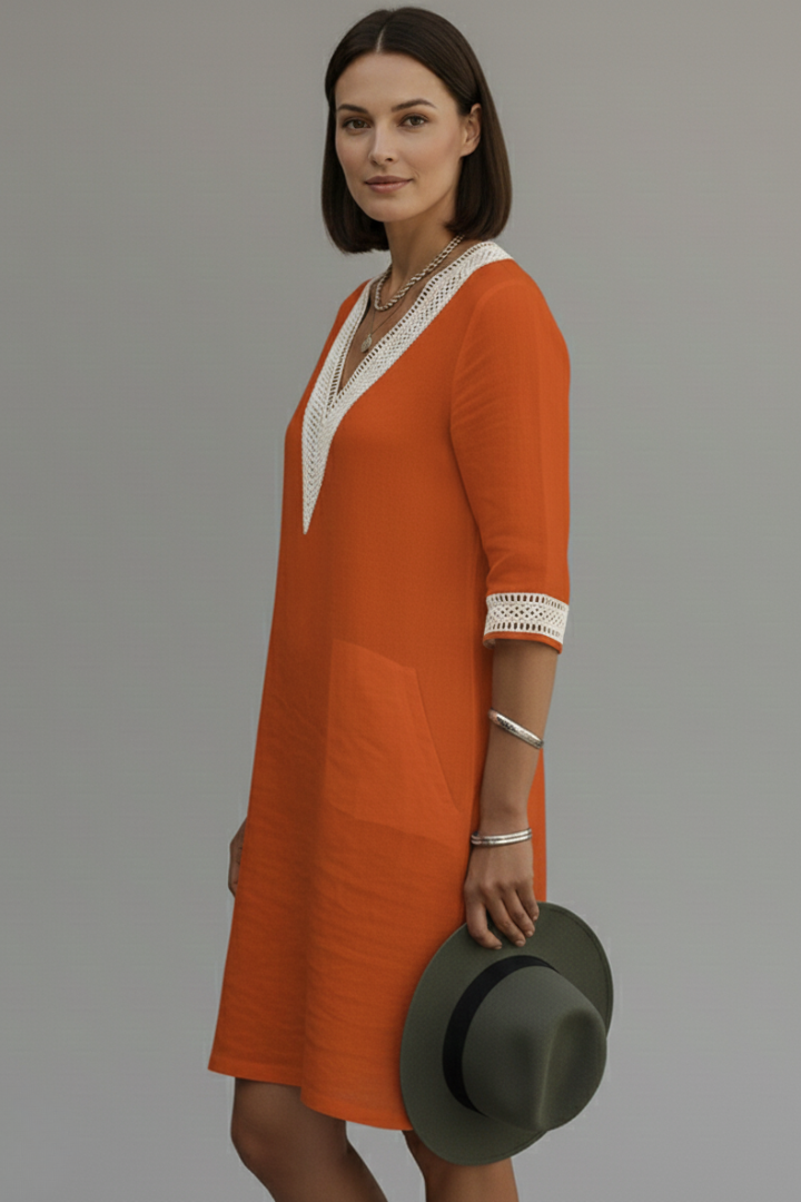 Women’s Dress with V Neckline and Three-Quarter Sleeves
