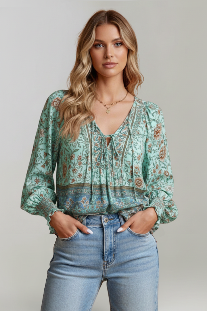 Women’s Floral Blouse with V-Neckline and Tie Detail