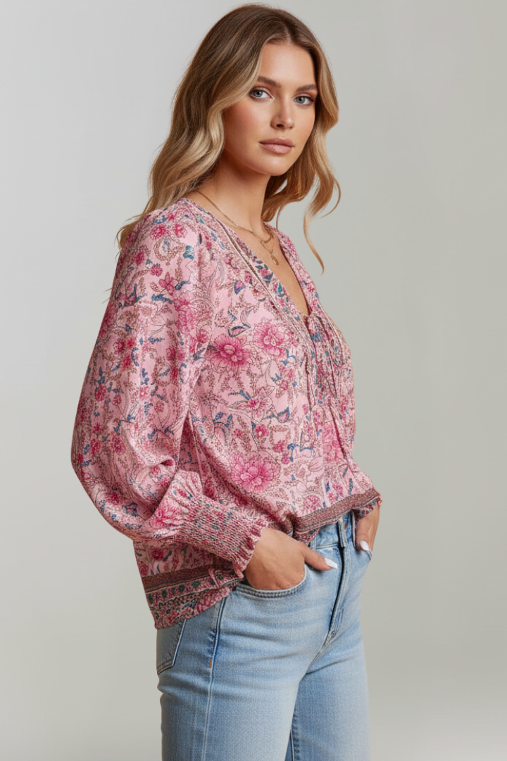 Women’s Floral Blouse with V-Neckline and Tie Detail