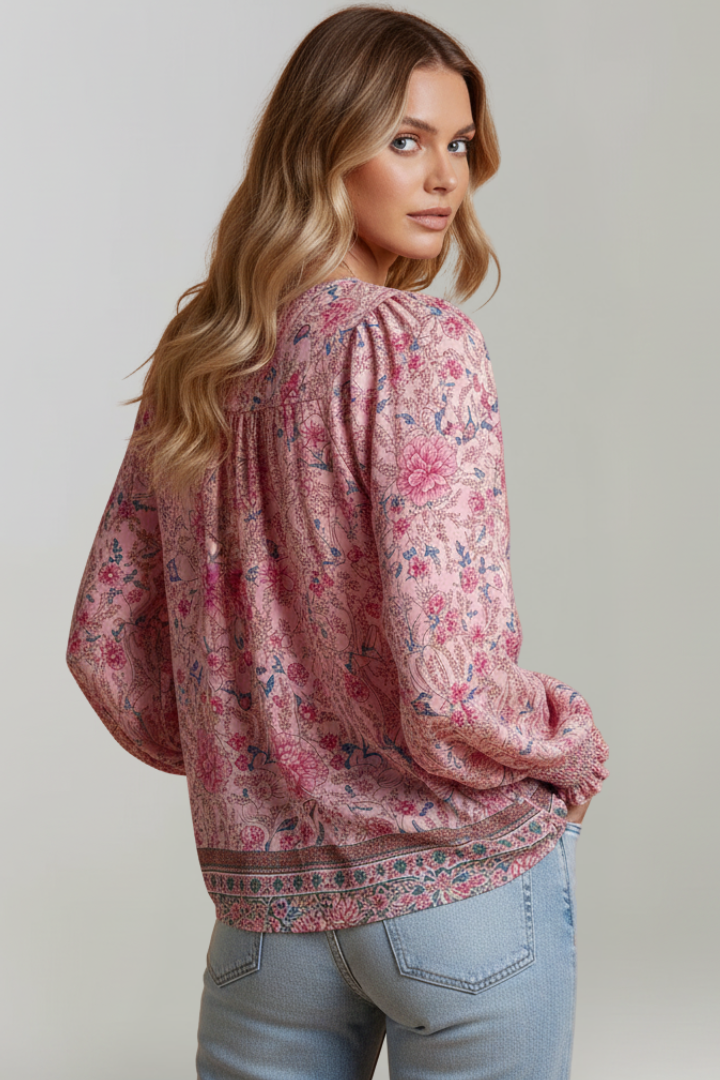 Women’s Floral Blouse with V-Neckline and Tie Detail