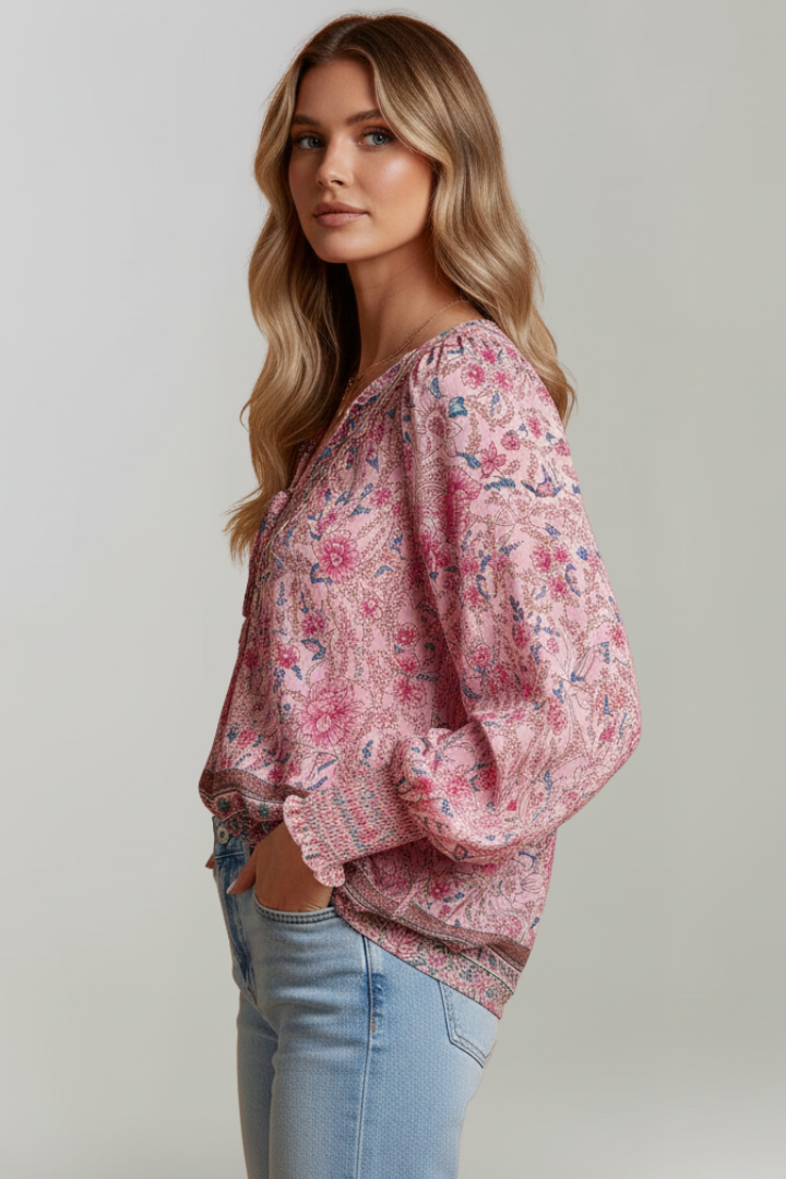 Women’s Floral Blouse with V-Neckline and Tie Detail