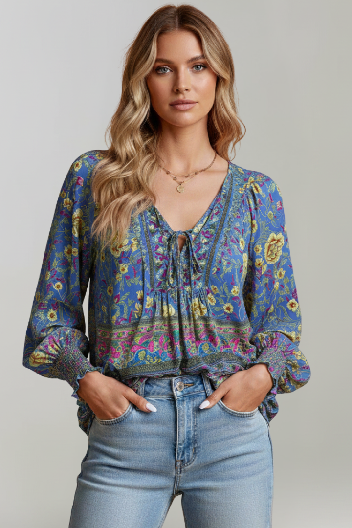 Women’s Floral Blouse with V-Neckline and Tie Detail