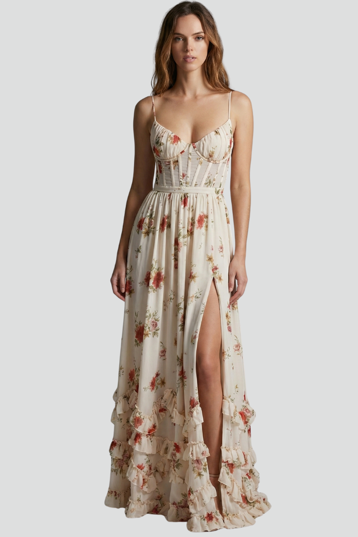 Women’s Floral Maxi Dress with Spaghetti Straps and Side Slit