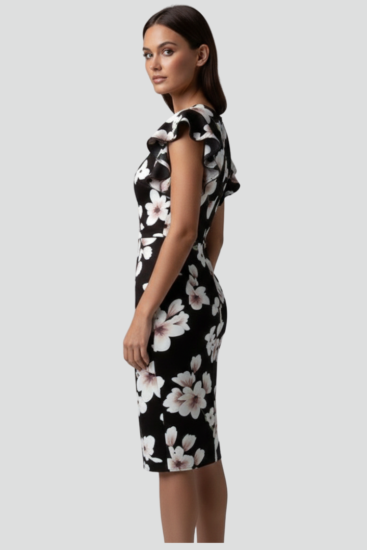 Women's Floral V-Neck Midi Dress with Ruffle Sleeves and Draping