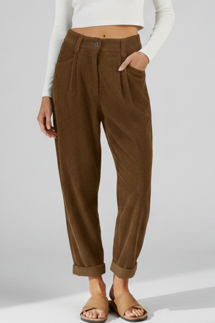 Women’s High-Waisted Trousers with Vertical Ribbing and Wide Leg