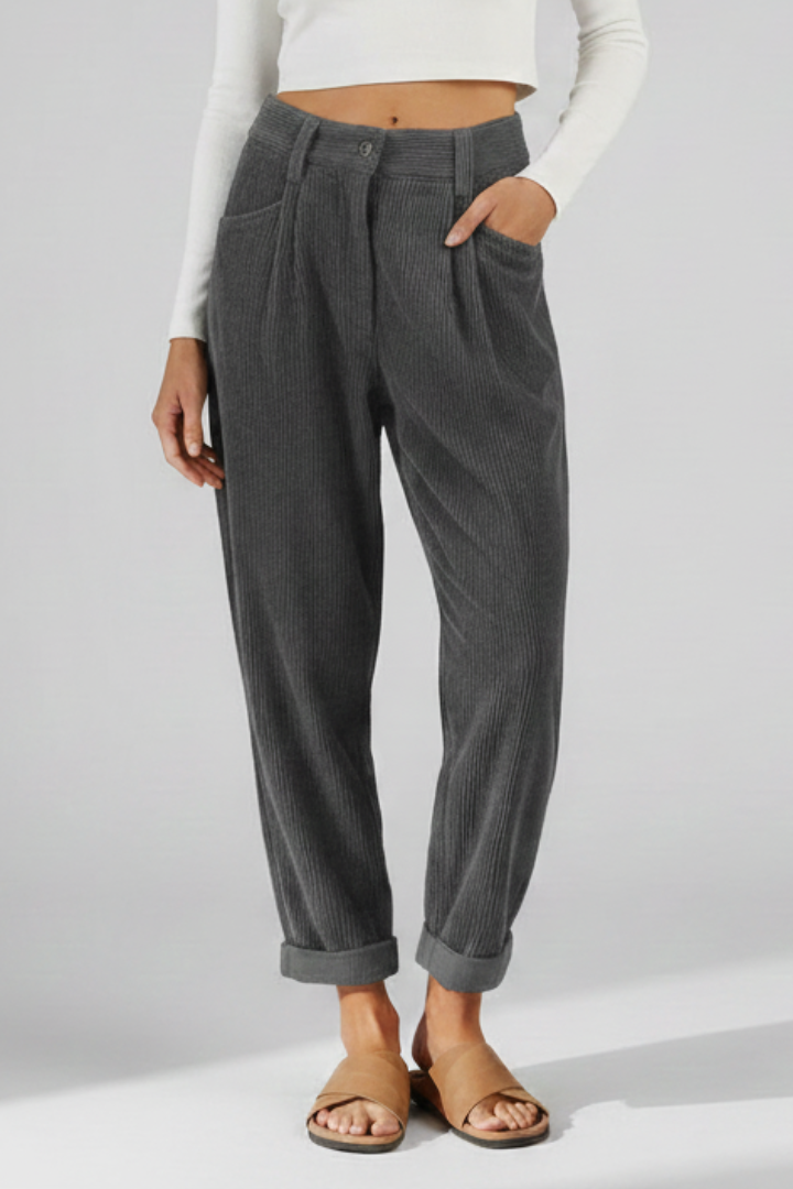 Women’s High-Waisted Trousers with Vertical Ribbing and Wide Leg