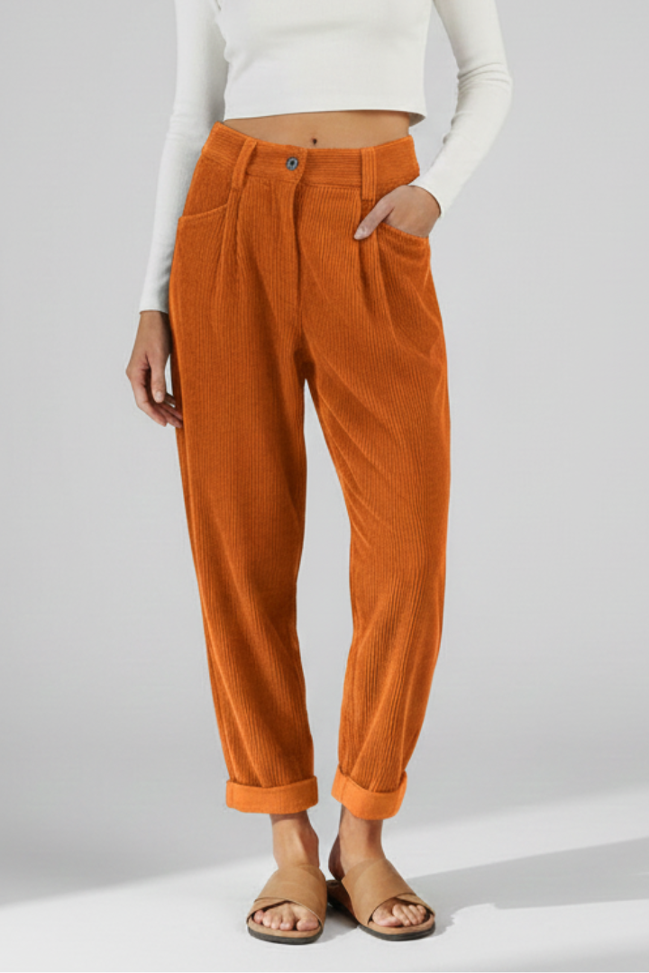 Women’s High-Waisted Trousers with Vertical Ribbing and Wide Leg