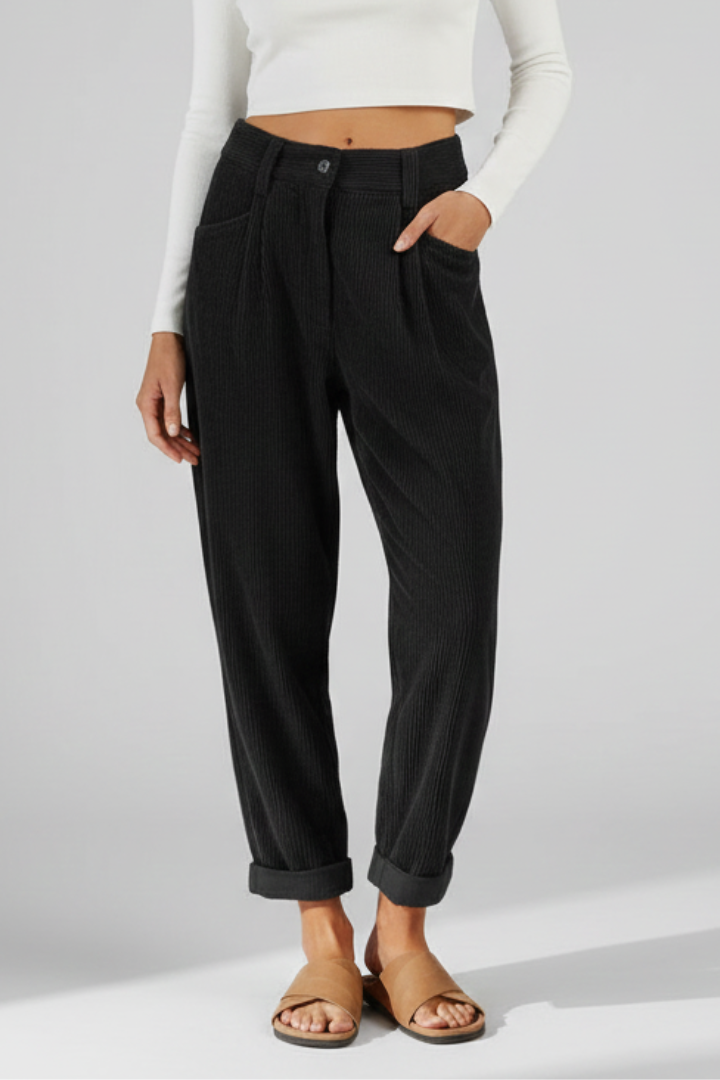 Women’s High-Waisted Trousers with Vertical Ribbing and Wide Leg