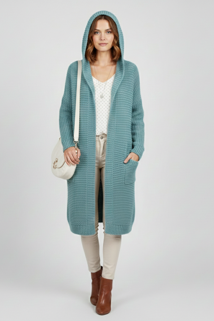 Women’s Hooded Cardigan with Open Front and Side Pockets