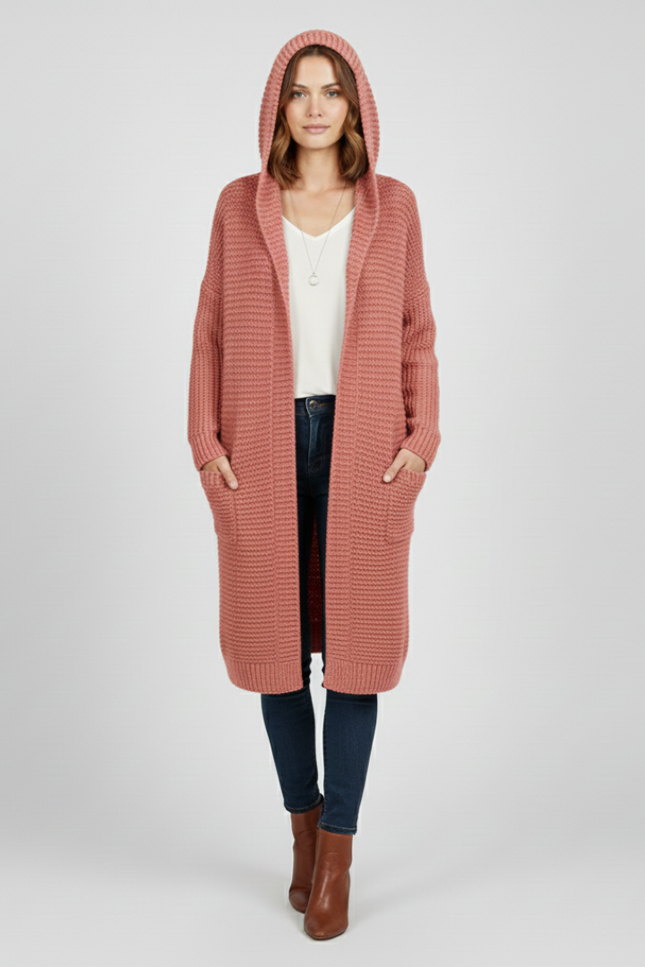 Women’s Hooded Cardigan with Open Front and Side Pockets