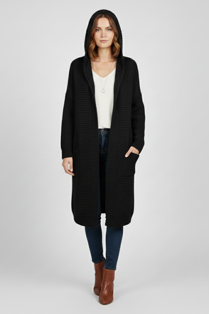 Women’s Hooded Cardigan with Open Front and Side Pockets
