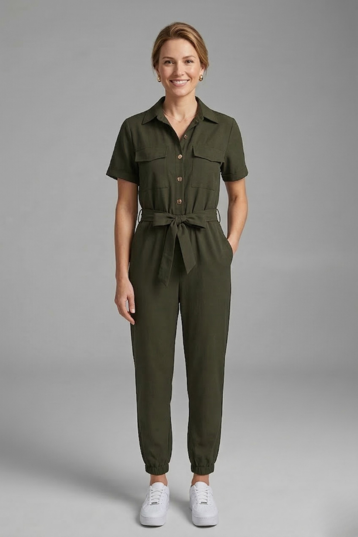 Women’s Jumpsuit with Collar Neckline and Button Fastening