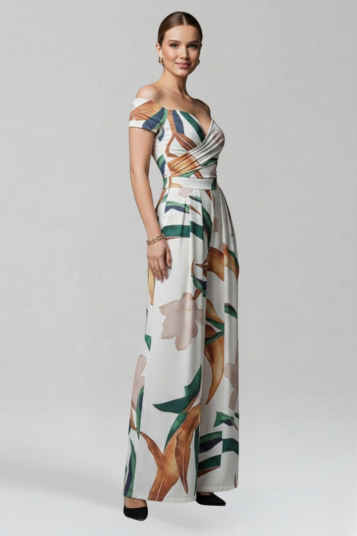 Women’s Jumpsuit with Off-Shoulder Neckline and Printed Surface