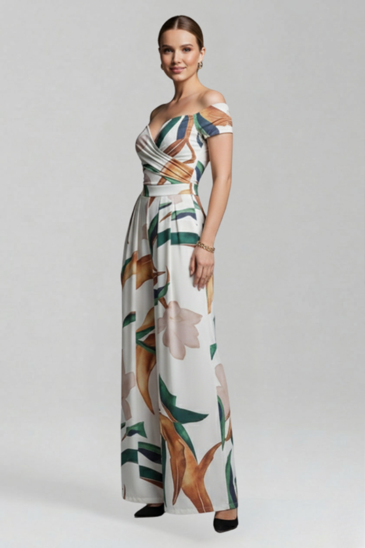Women’s Jumpsuit with Off-Shoulder Neckline and Printed Surface