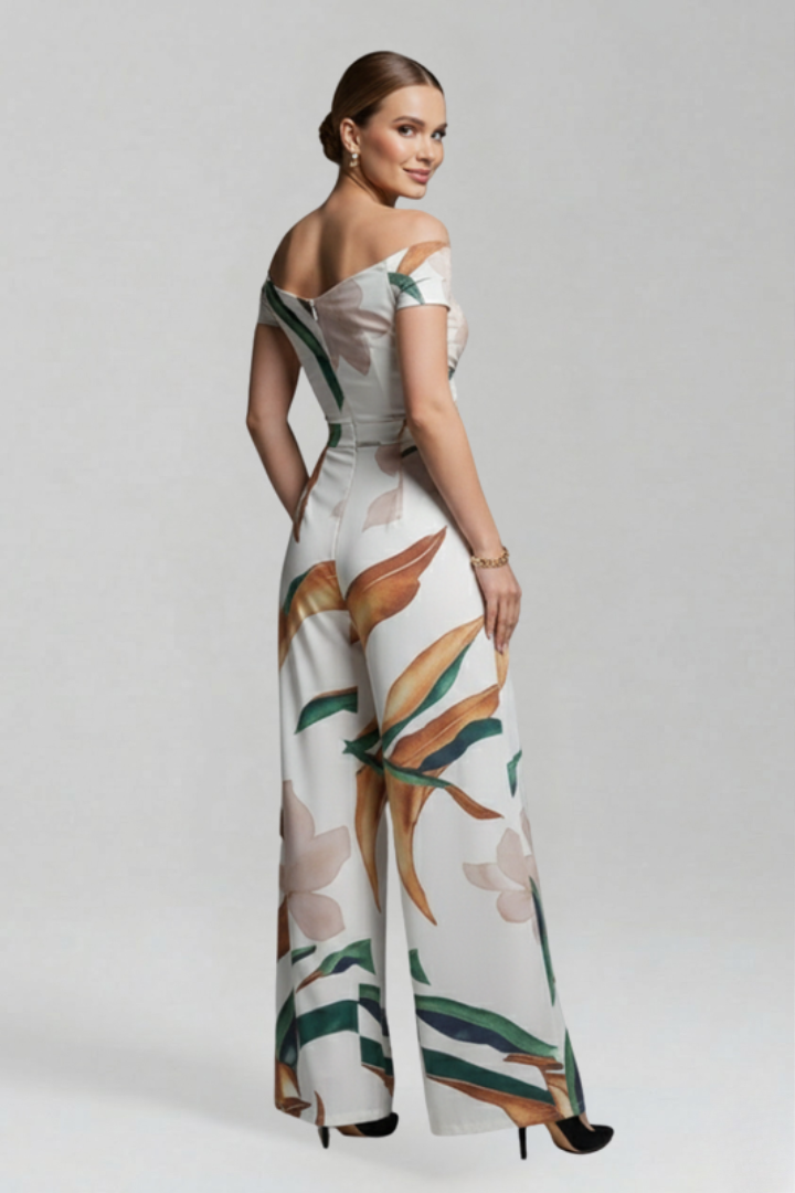 Women’s Jumpsuit with Off-Shoulder Neckline and Printed Surface