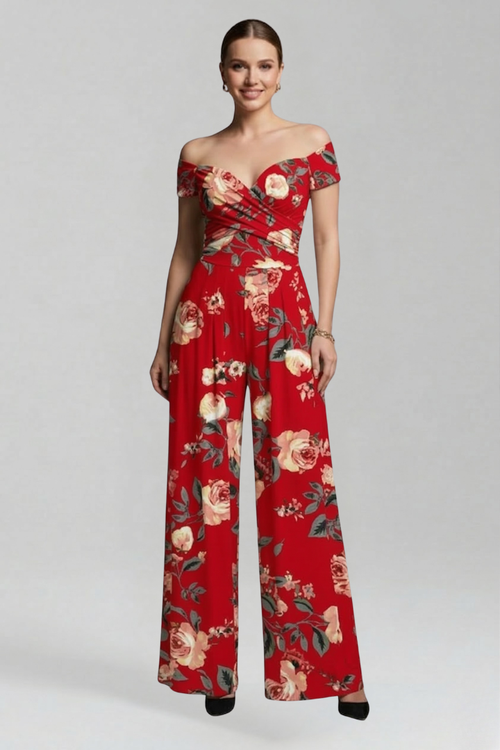 Women’s Jumpsuit with Off-Shoulder Neckline and Printed Surface