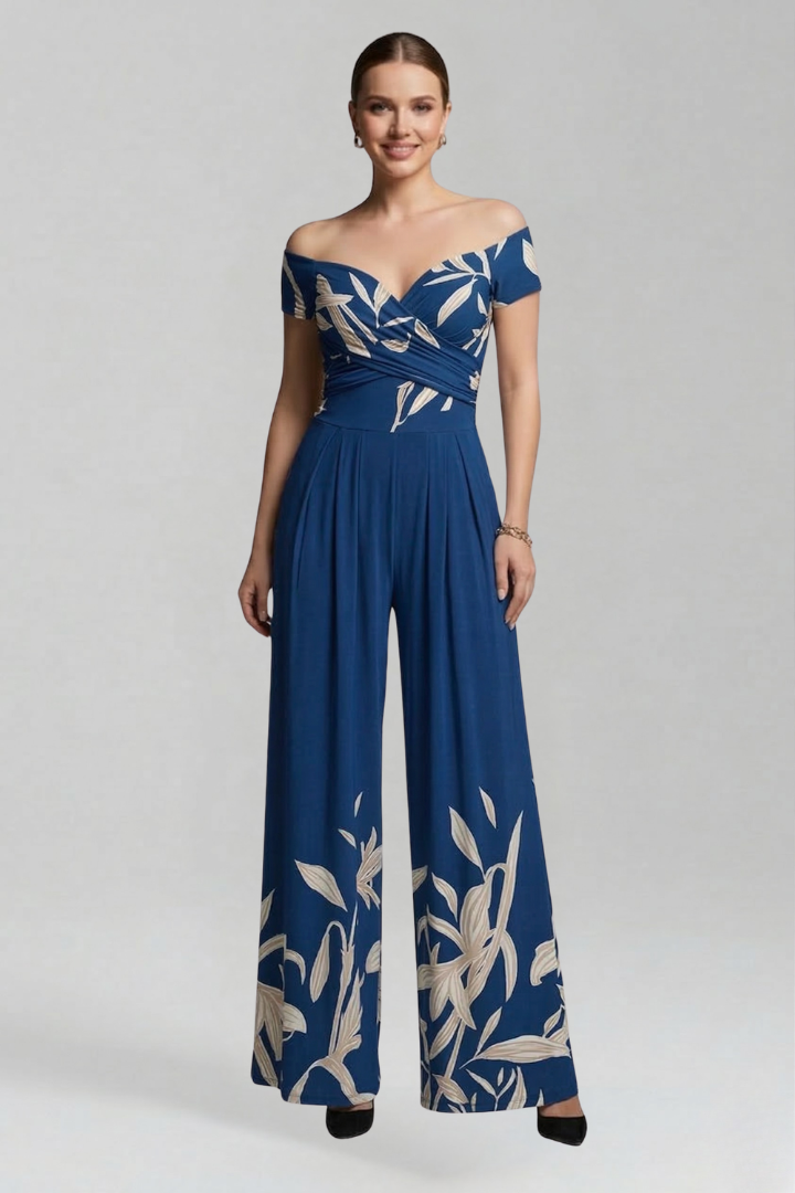 Women’s Jumpsuit with Off-Shoulder Neckline and Printed Surface