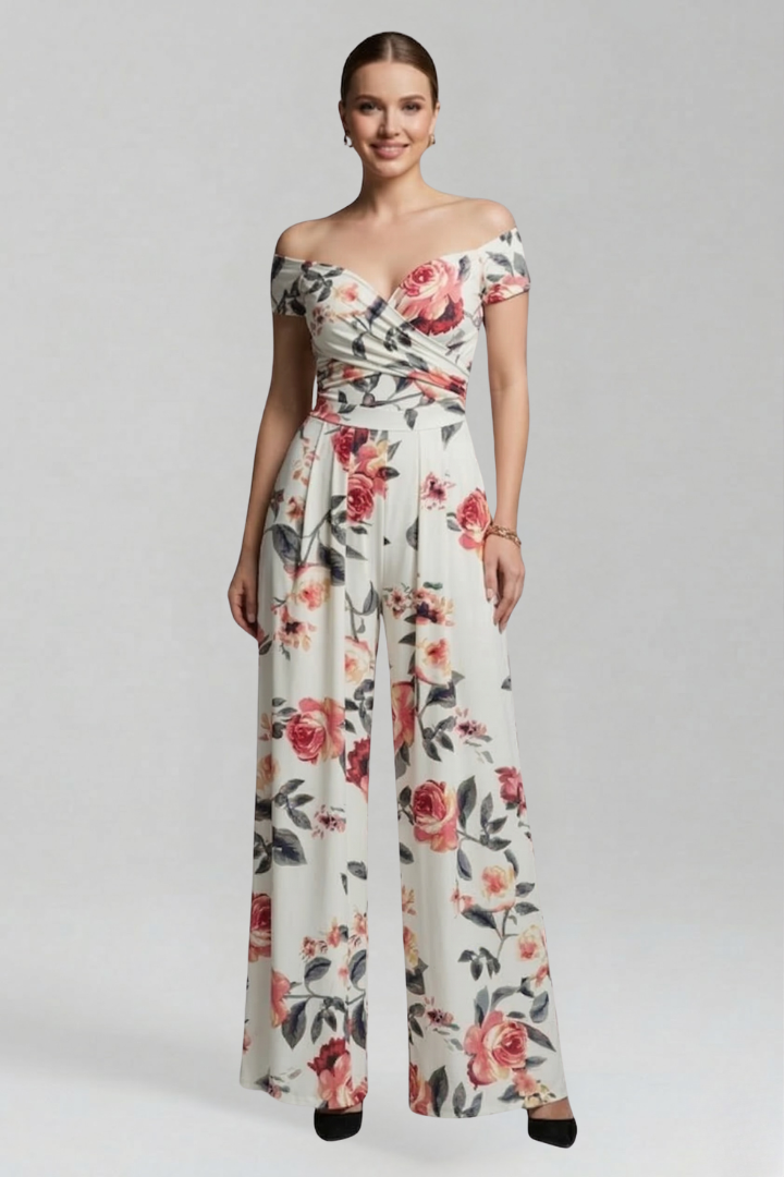 Women’s Jumpsuit with Off-Shoulder Neckline and Printed Surface
