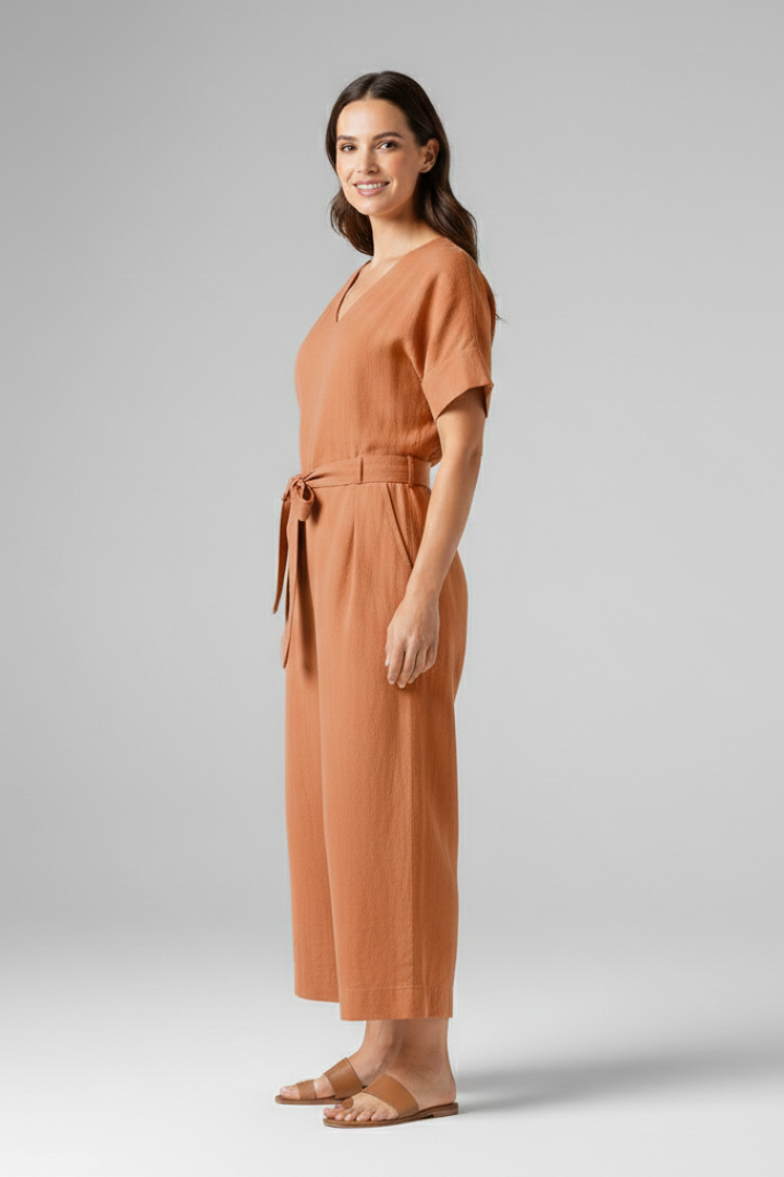 Women’s Jumpsuit with V-Neck and Tie Waist