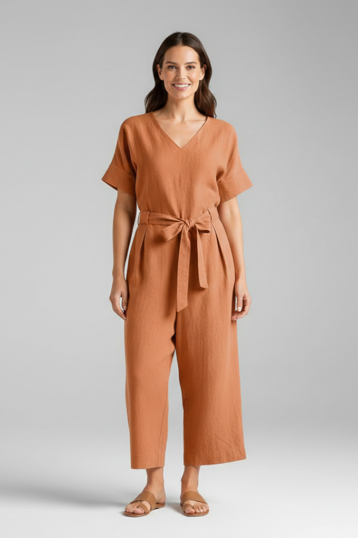 Women’s Jumpsuit with V-Neck and Tie Waist