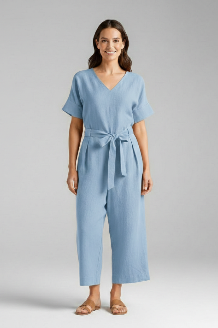 Women’s Jumpsuit with V-Neck and Tie Waist