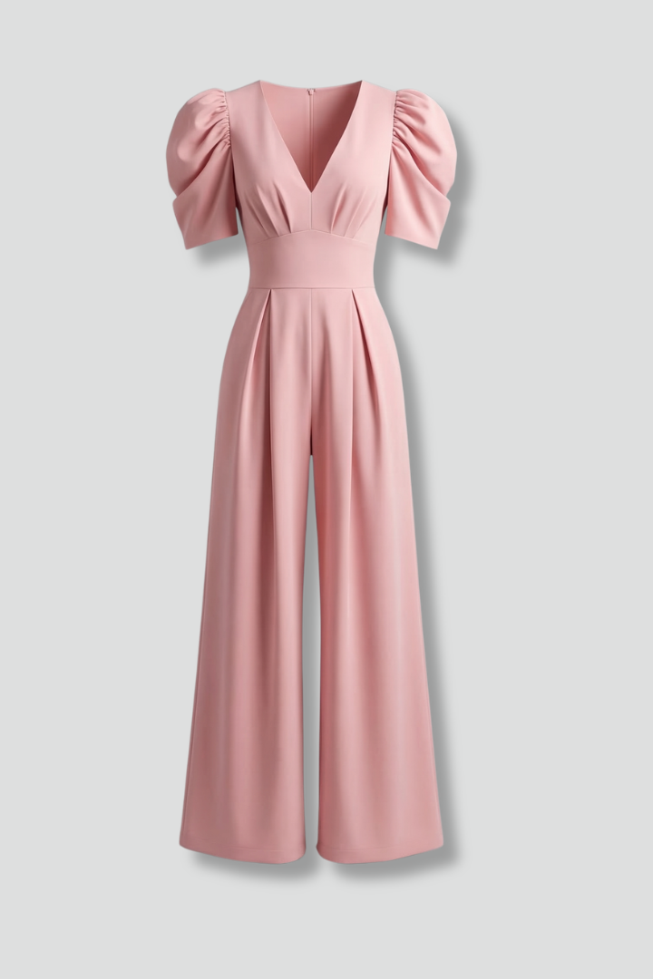 Women’s Jumpsuit with V Neckline and Puff Sleeves