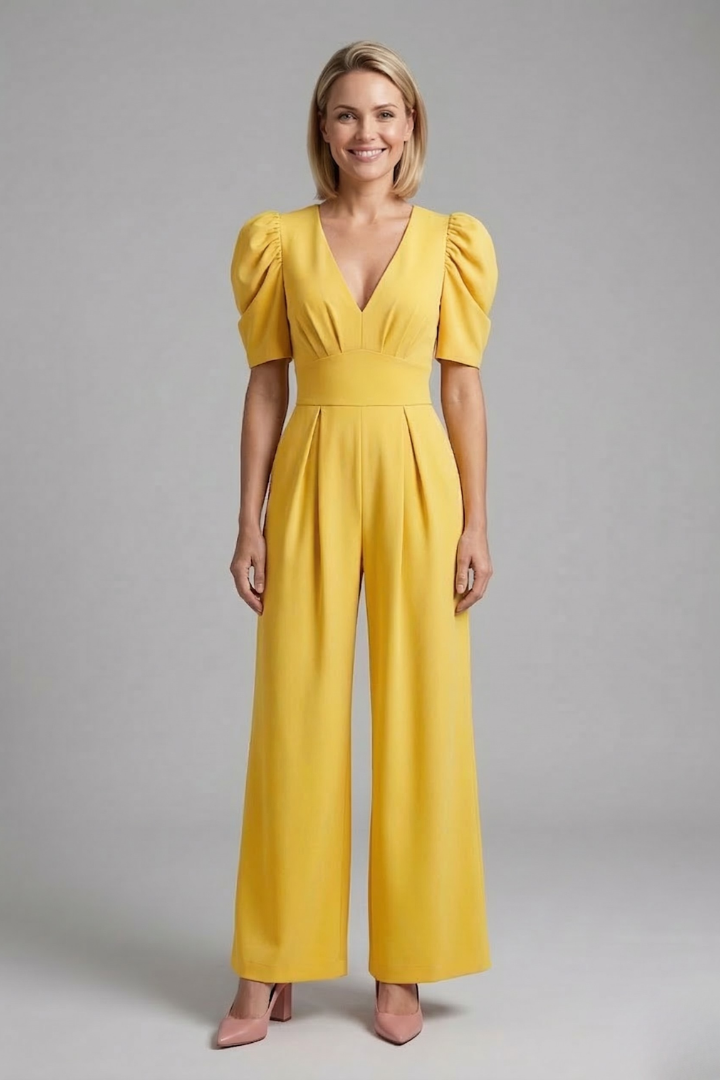Women’s Jumpsuit with V Neckline and Puff Sleeves