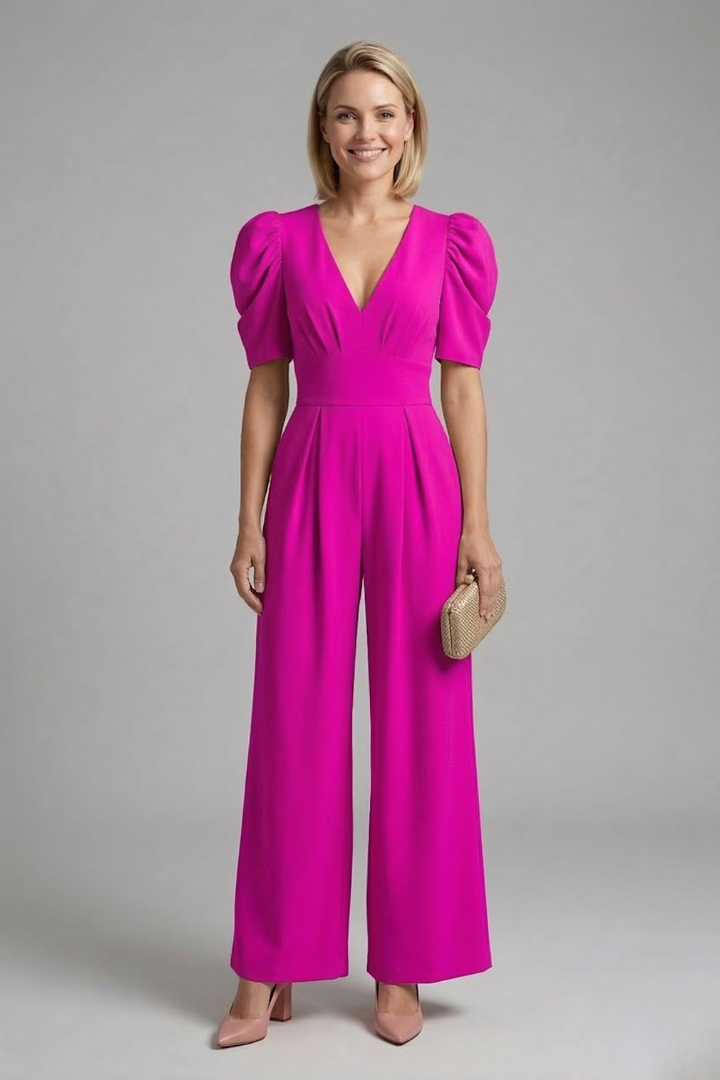 Women’s Jumpsuit with V Neckline and Puff Sleeves
