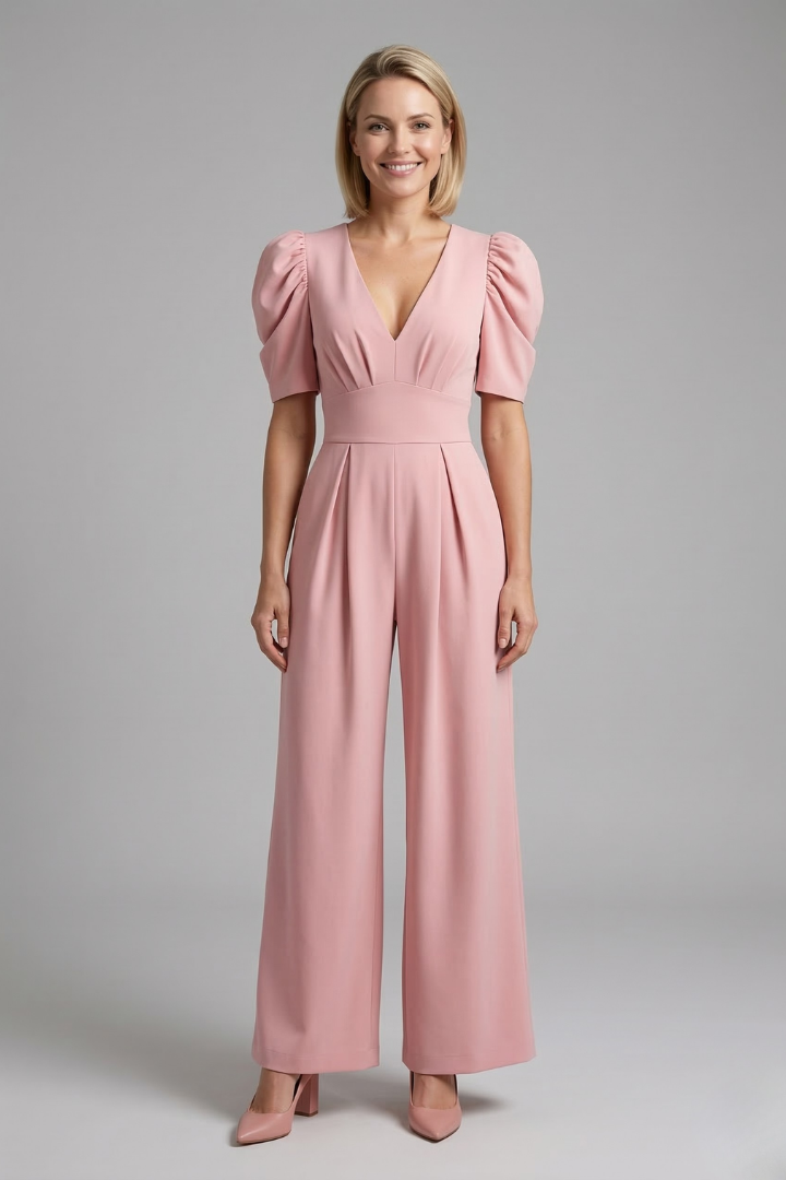 Women’s Jumpsuit with V Neckline and Puff Sleeves