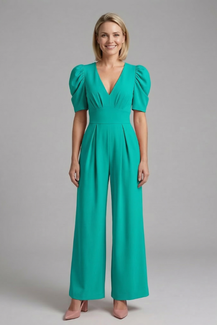Women’s Jumpsuit with V Neckline and Puff Sleeves
