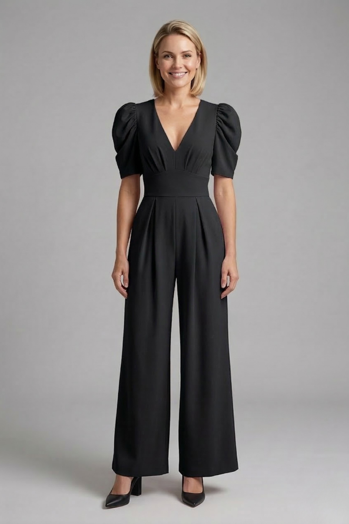 Women’s Jumpsuit with V Neckline and Puff Sleeves