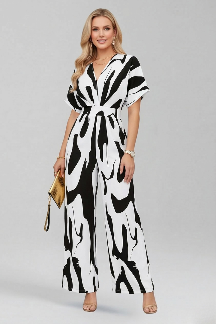 Women’s Jumpsuit with V Neckline and Short Sleeves