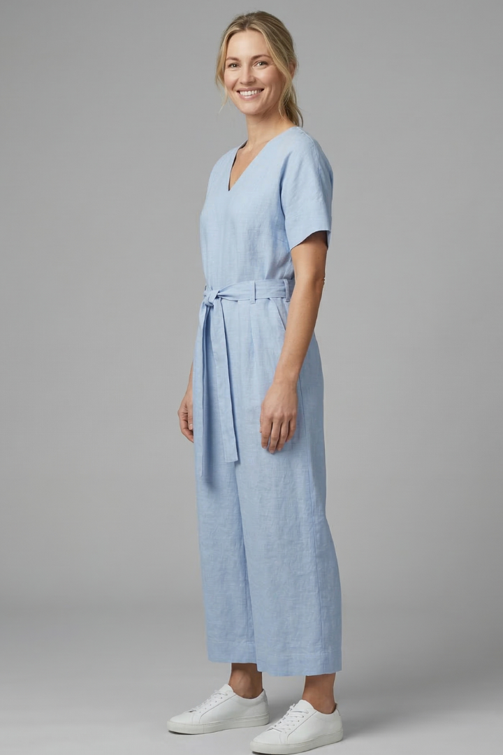 Women’s Jumpsuit with V Neckline and Waist Tie
