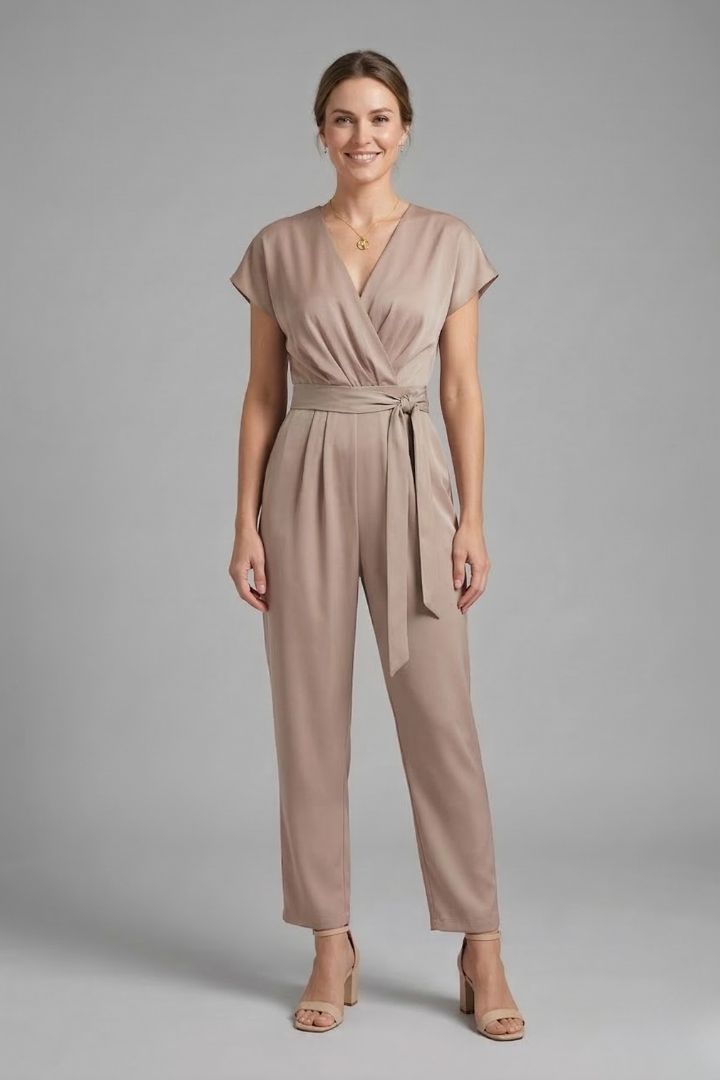 Women’s Jumpsuit with V Neckline and Waist Tie