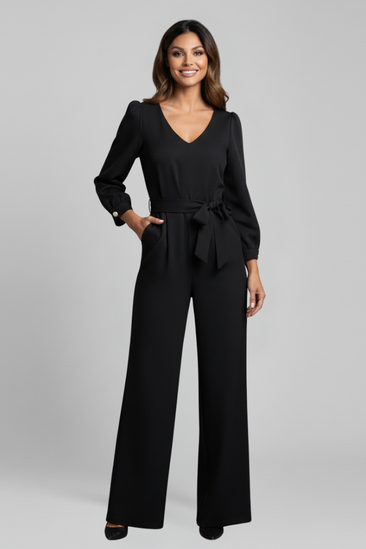 Women’s Jumpsuit with V Neckline and Waist Tie