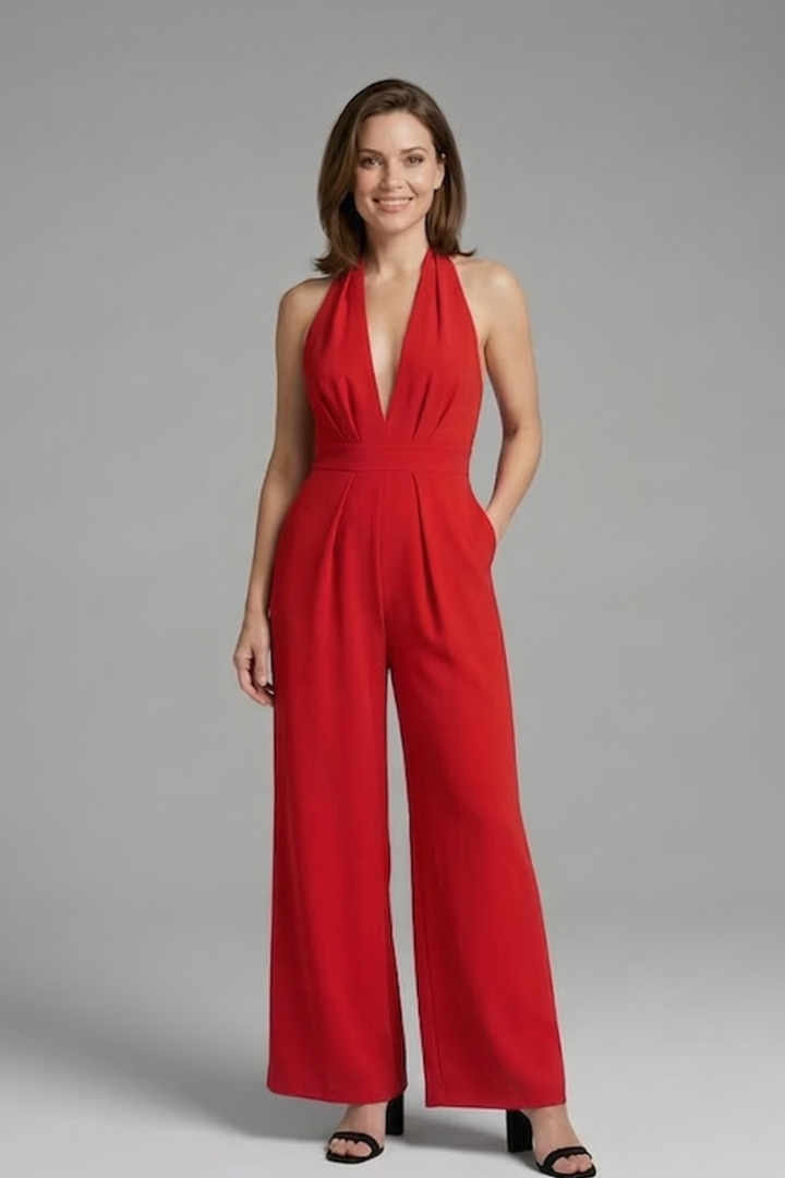 Women’s Jumpsuit with V Neckline and Wide Legs