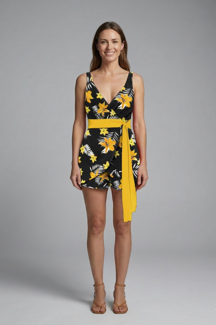 Women’s Jumpsuit with Wrap Neckline and Printed Finish
