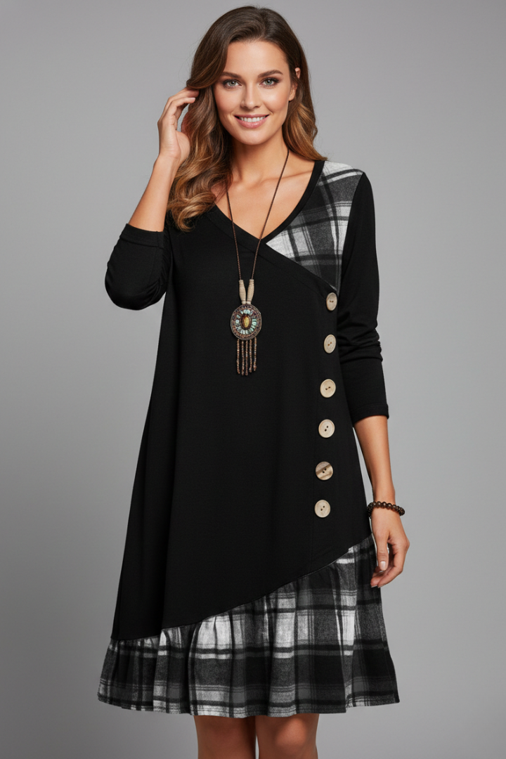 Women’s Knee-Length Dress with V-Neck and Long Sleeves