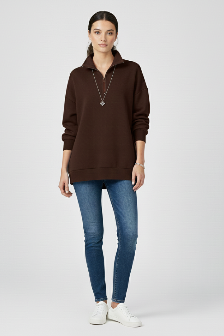Women’s Knitted Sweater with Half Zip and Stand Collar