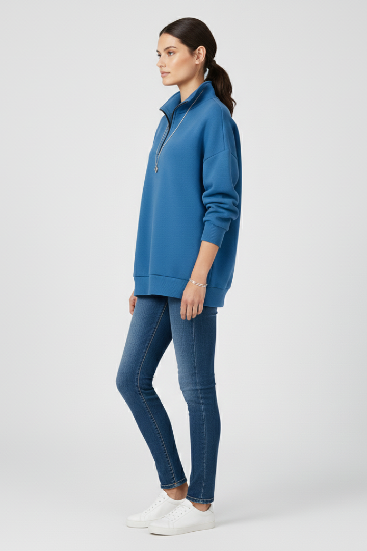 Women’s Knitted Sweater with Half Zip and Stand Collar