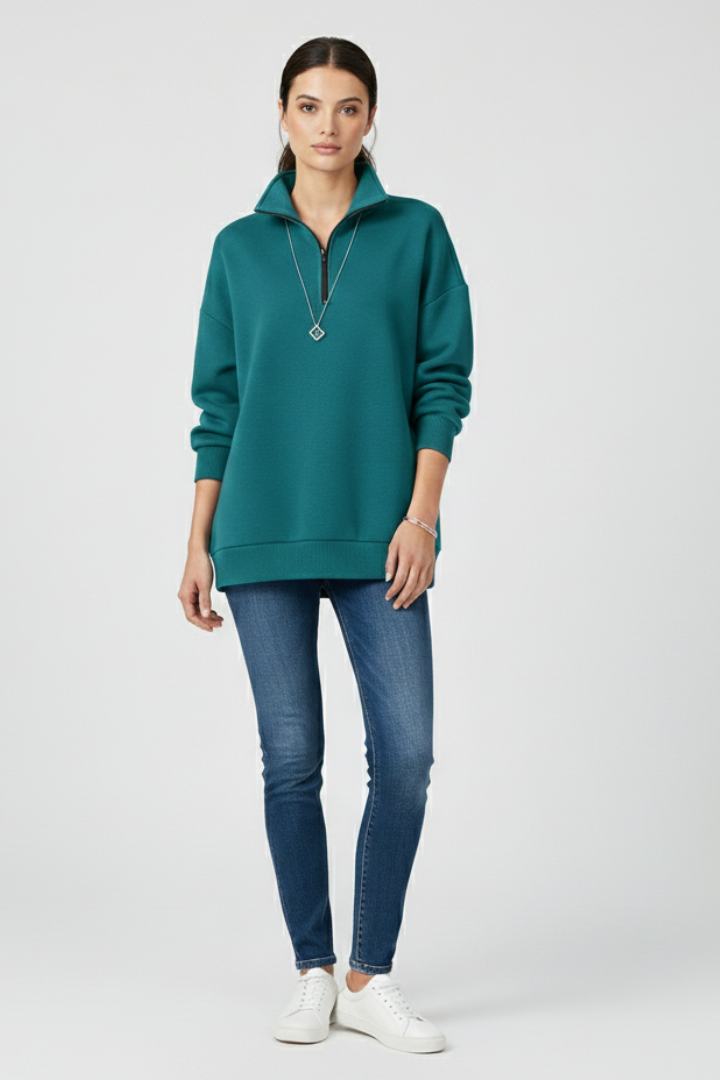 Women’s Knitted Sweater with Half Zip and Stand Collar