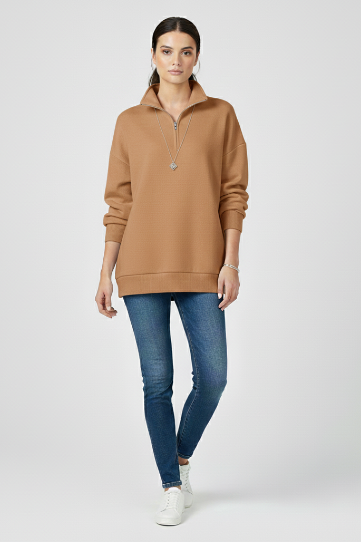 Women’s Knitted Sweater with Half Zip and Stand Collar