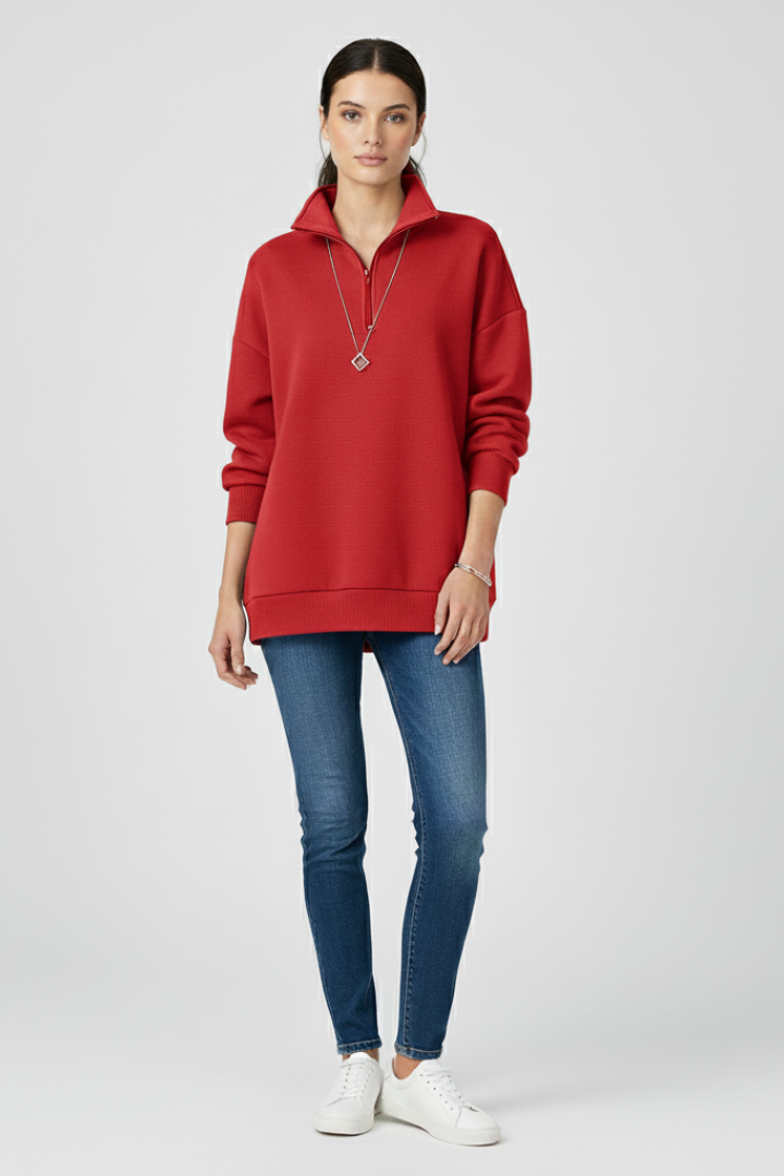 Women’s Knitted Sweater with Half Zip and Stand Collar