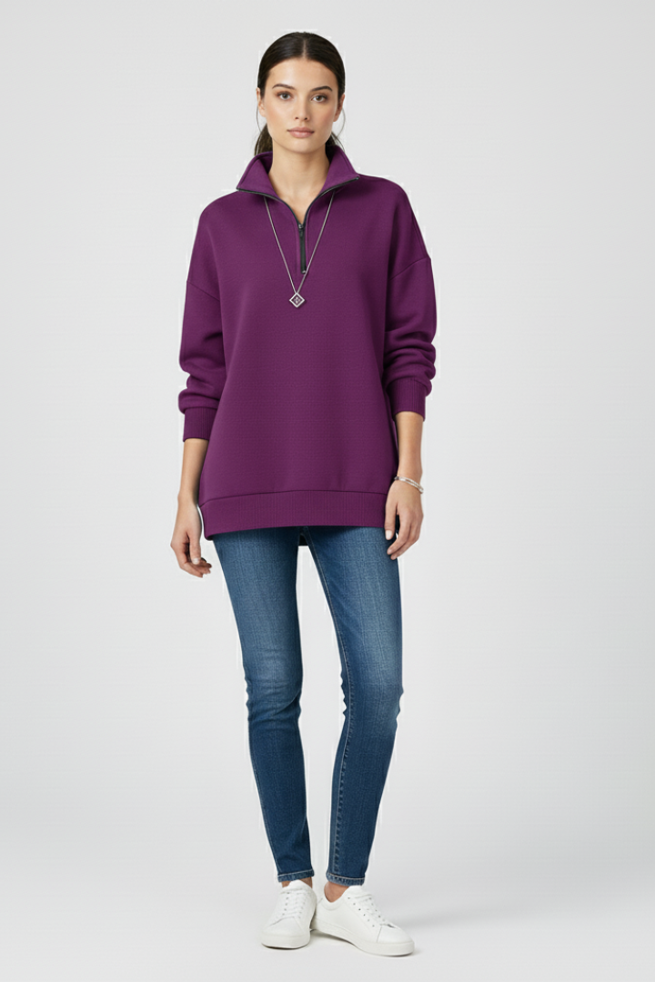 Women’s Knitted Sweater with Half Zip and Stand Collar