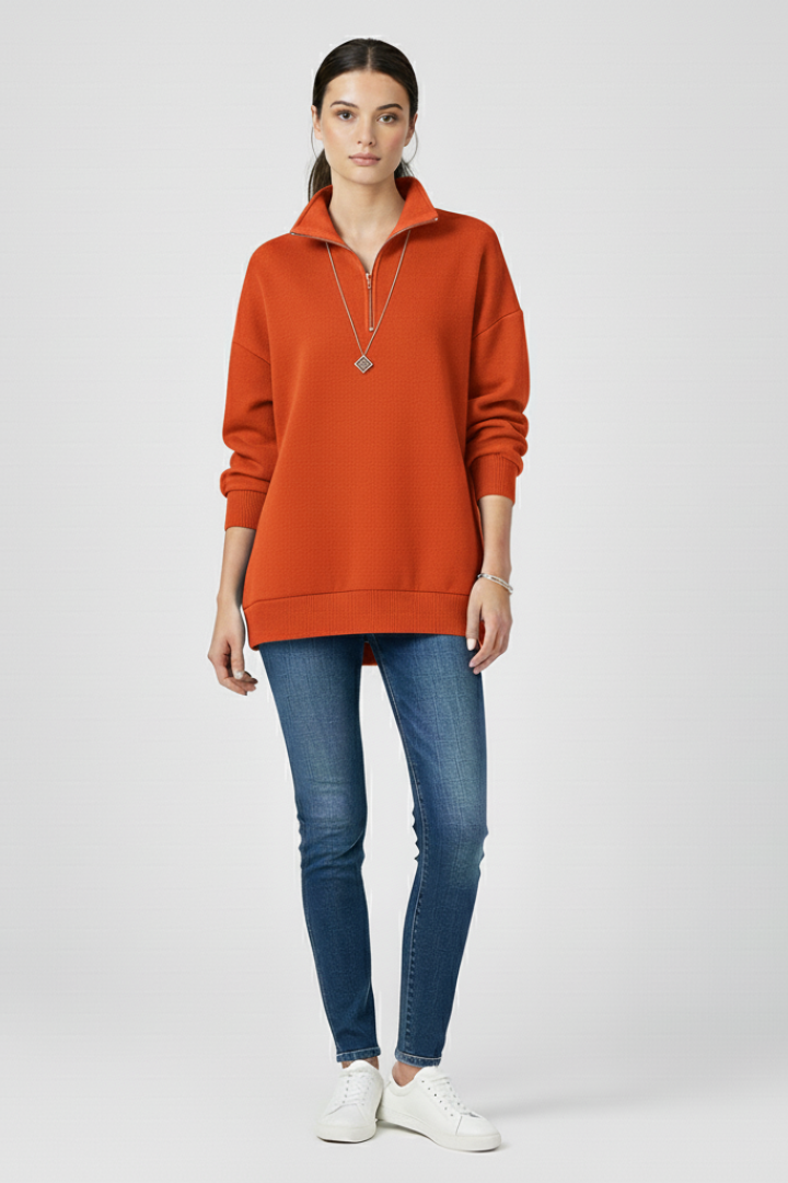 Women’s Knitted Sweater with Half Zip and Stand Collar