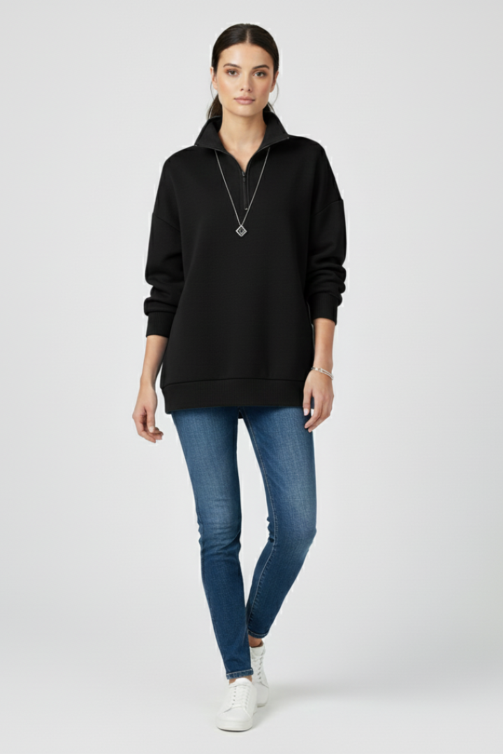 Women’s Knitted Sweater with Half Zip and Stand Collar