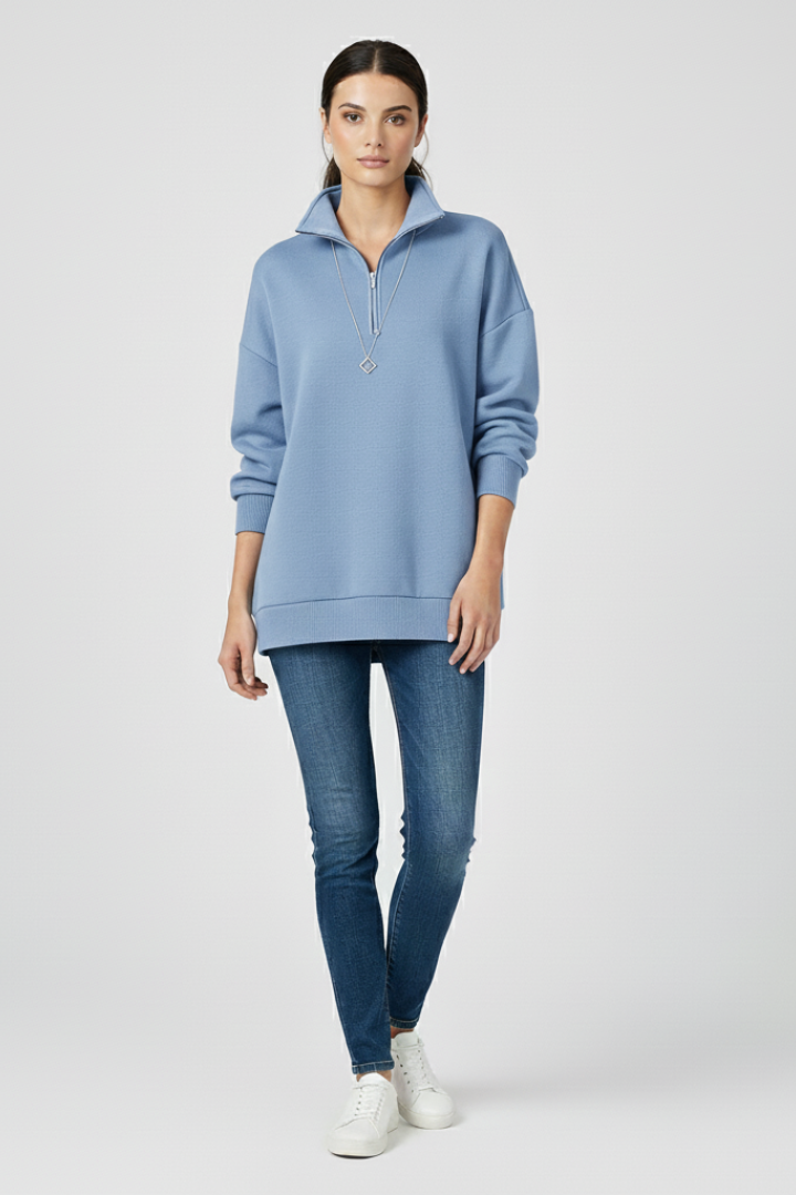 Women’s Knitted Sweater with Half Zip and Stand Collar