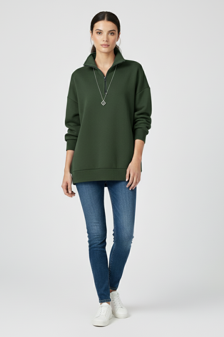Women’s Knitted Sweater with Half Zip and Stand Collar